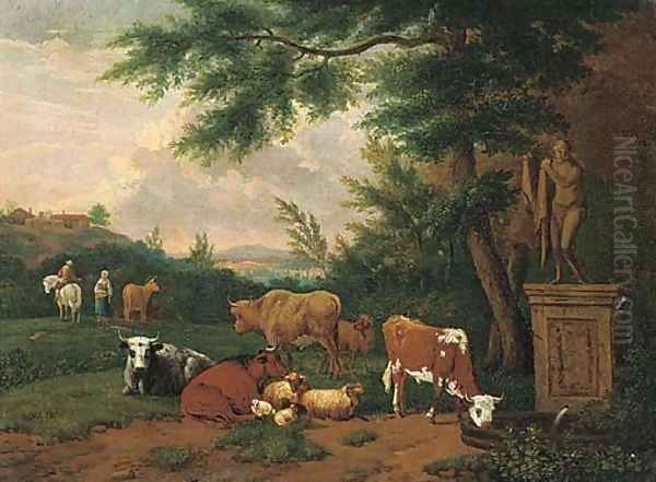 A wooded landscape with cattle and sheep resting by a fountain Oil Painting by Adriaen Van De Velde