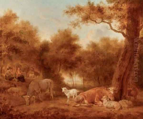 A wooded landscape with cattle and sheep resting, figures nearby Oil Painting by Adriaen Van De Velde