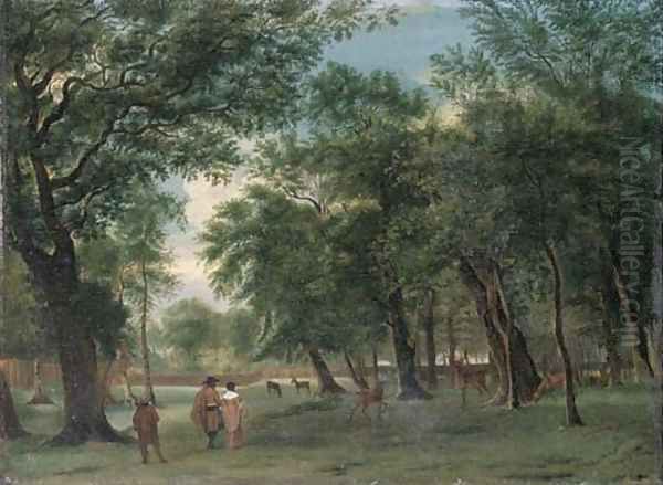 An elegant couple walking in a deer park Oil Painting by Adriaen Van De Velde