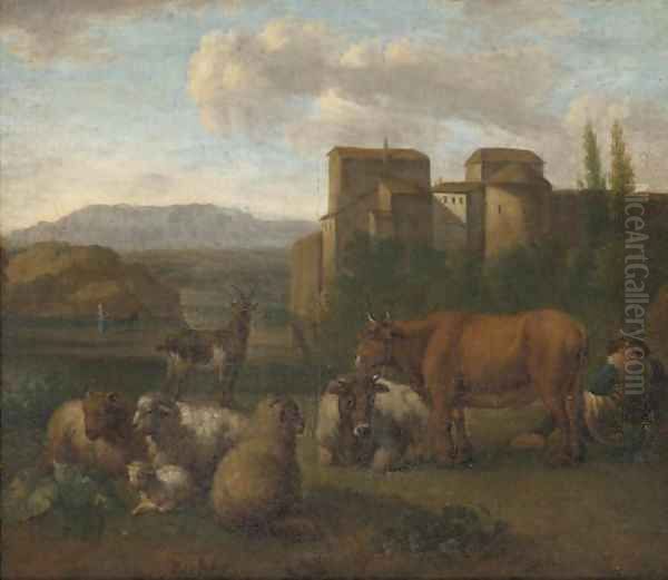 A landscape with a shepherd and his flock near a town Oil Painting by Adriaen Van De Velde