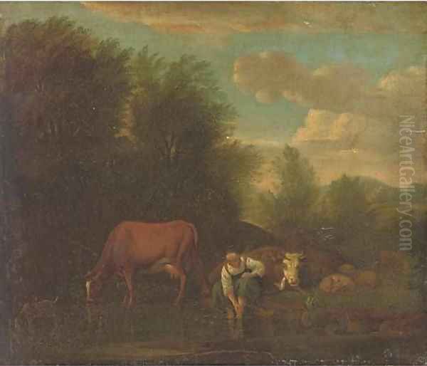 A landscape with a woman bathing at a river with cattle Oil Painting by Adriaen Van De Velde