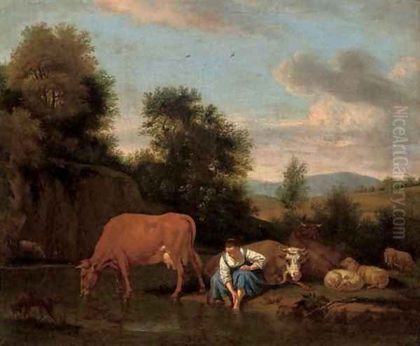 A wooded river landscape with a shepherdess washing her feet, cattle beyond Oil Painting by Adriaen Van De Velde