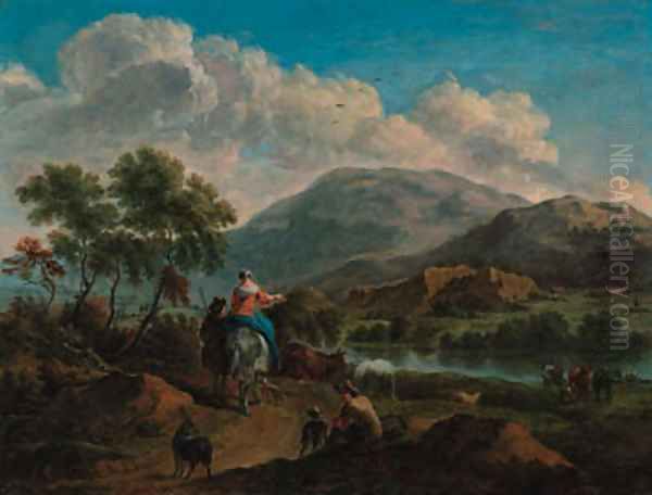 An extensive river landscape with drovers on a path Oil Painting by Adriaen Van De Velde