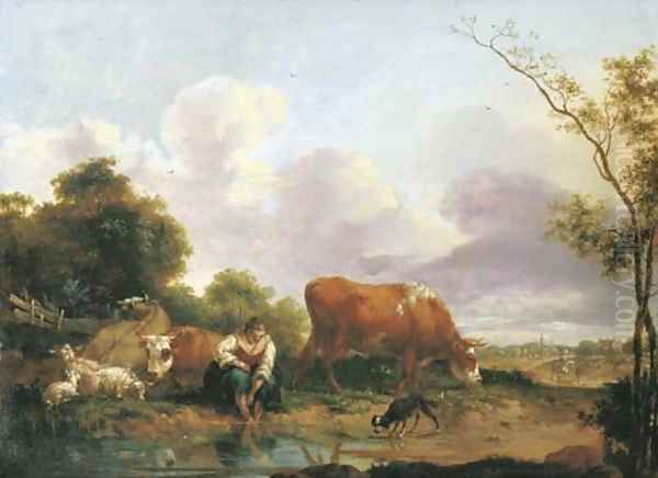 An open landscape with a shepherdess washing her feet by a brook Oil Painting by Adriaen Van De Velde