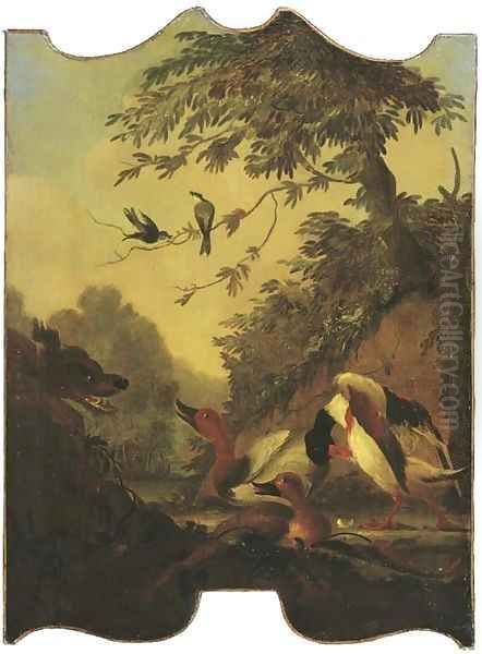 A wooded river landscape with ducks being stalked by a dog Oil Painting by Jacomo (or Victor, Jacobus) Victors