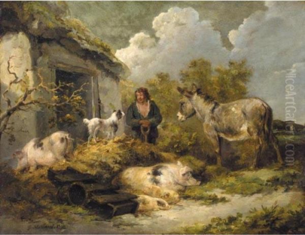 A Farm Boy With A Donkey, Pigs And A Sheep Dog Oil Painting by George Morland