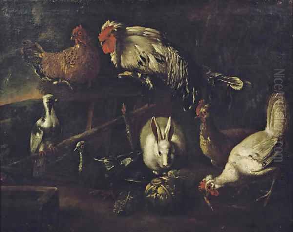 A rooster, chickens, pigeons and a hare outside a stable in a landscape Oil Painting by Jacomo (or Victor, Jacobus) Victors