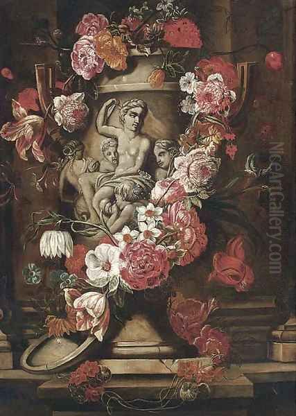 Roses, parrot tulips, morning glory, carnations and other flowers in a sculpted stone vase on a ledge Oil Painting by Caspar Pieter II Verbrugghen