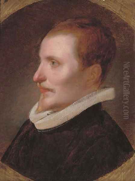 Portrait of a gentleman, bust-length, in a black coat and white ruff, painted circle Oil Painting by Cornelis De Vos