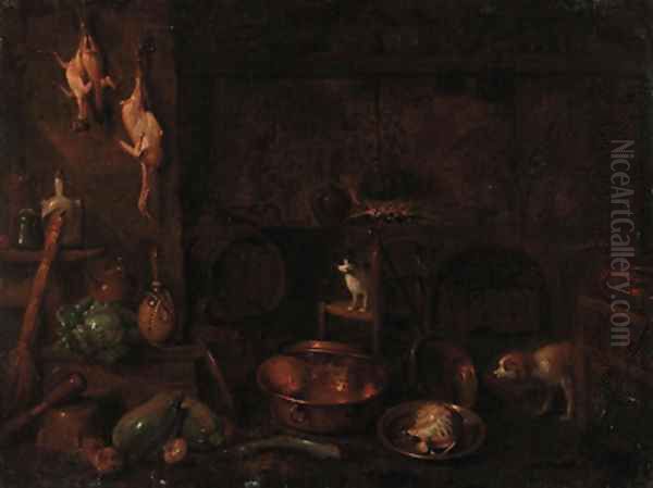 A dog, a cat and dead game with vegetables and cooking vessels in a kitchen interior Oil Painting by Gian Domenico Valentino