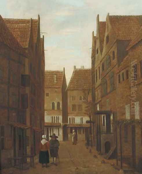 A city view with figures conversing in the street Oil Painting by Jacobus Vrel