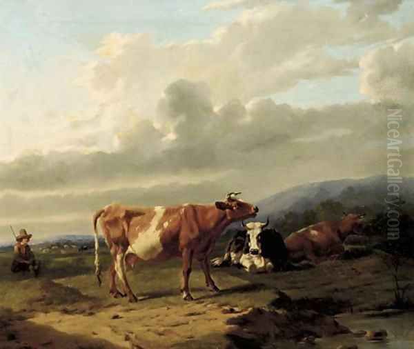 A cowherd and cattle in a summer landscape Oil Painting by Rosa Venneman