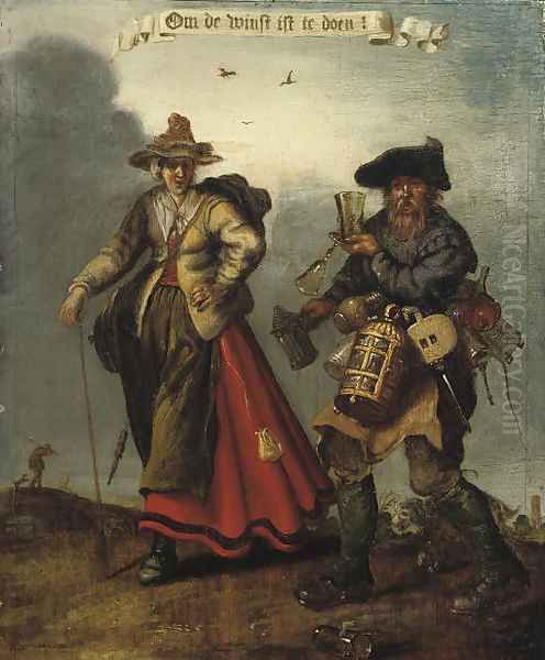 A male and female pedlar on a track an Allegory of Greed Oil Painting by Adriaen Pietersz. Van De Venne