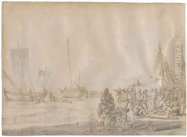 Fishermen on the shore, ships beached beyond Oil Painting by Esaias Van Den Velde