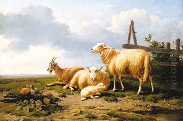 Sheep, a goat and chickens in a landscape Oil Painting by Eugene Joseph Verboeckhoven