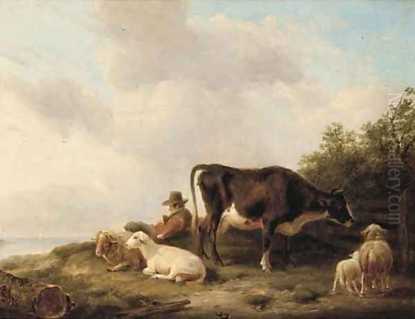 A drover and his flock on a hillside Oil Painting by Eugene Joseph Verboeckhoven