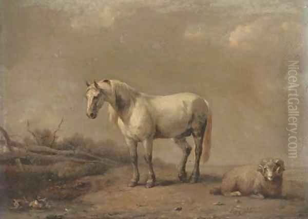 A horse and ram at the farm pond Oil Painting by Eugene Joseph Verboeckhoven