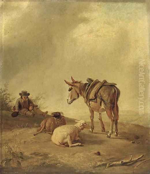 A pastoral landscape with a traveller and his donkey resting by two sheep Oil Painting by Eugene Joseph Verboeckhoven