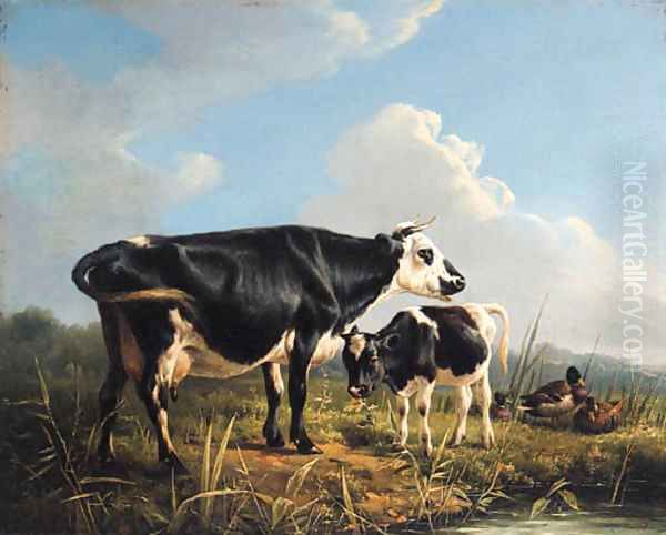 Cows and Ducks beside a Pond Oil Painting by Eugene Joseph Verboeckhoven