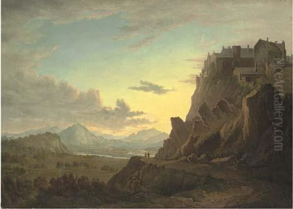 View Of Stirling Castle At Sunset, Figures On A Path In Theforeground Oil Painting by Alexander Nasmyth