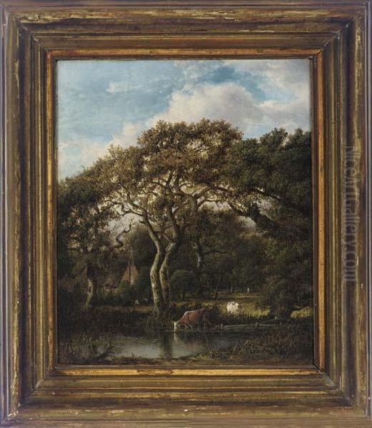 Cattle Grazing In A Woodland, A Farmhouse Beyond Oil Painting by Patrick, Peter Nasmyth