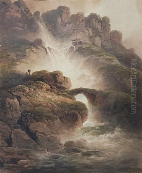 Figures By Mountain Falls Oil Painting by Nicholson, F.