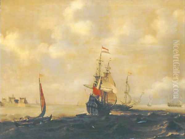 A Dutch three-master and other shipping in a breeze, a city in the distance Oil Painting by Simon De Vlieger