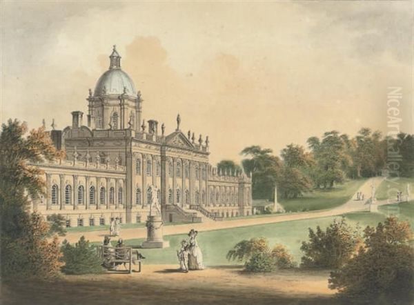 Figures Promenading Outside Castle Howard, Yorkshire Oil Painting by Nicholson, F.