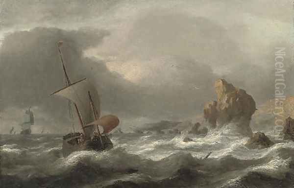 A rocky coastline with shipping in choppy seas Oil Painting by Simon De Vlieger