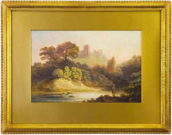 Carrig Brook Castle' With Figure On The Banks Of The River Oil Painting by Nicholson, F.