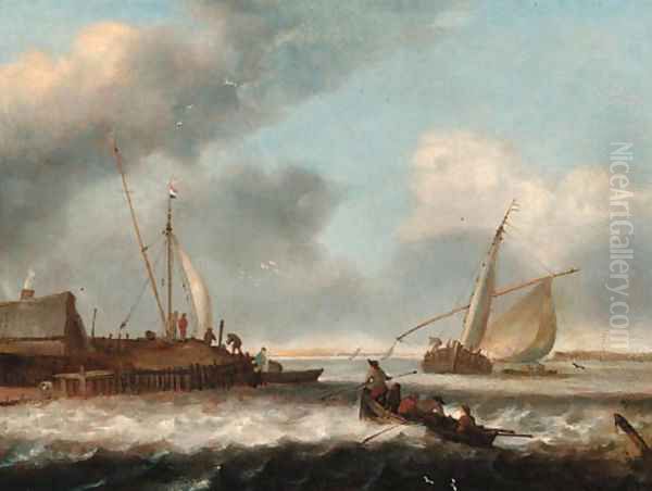 A fishing boat and a rowing boat off shore Oil Painting by Simon De Vlieger