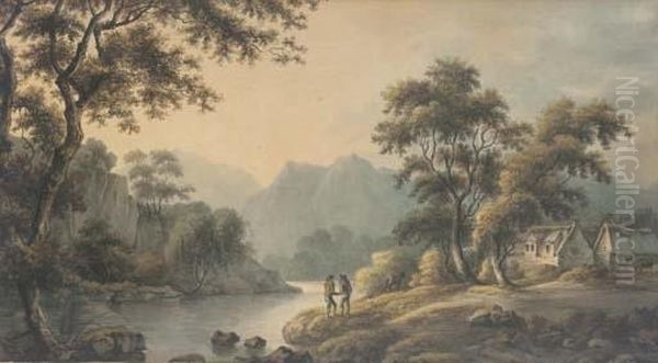 Figures In A Romantic Landscape Oil Painting by Nicholson, F.