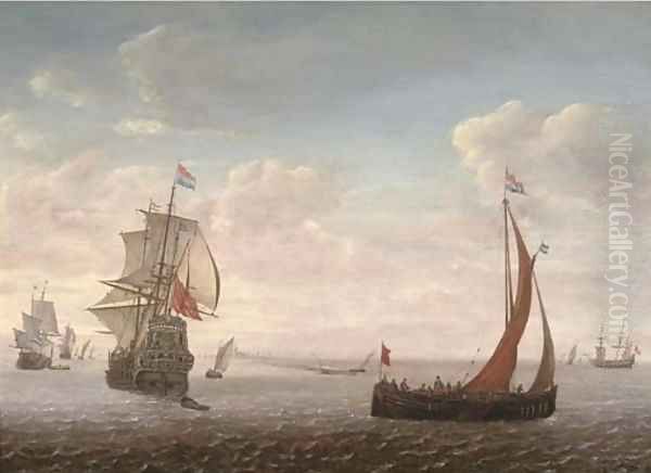 Dutch men-o'-war and other shipping in a calm Oil Painting by Simon De Vlieger