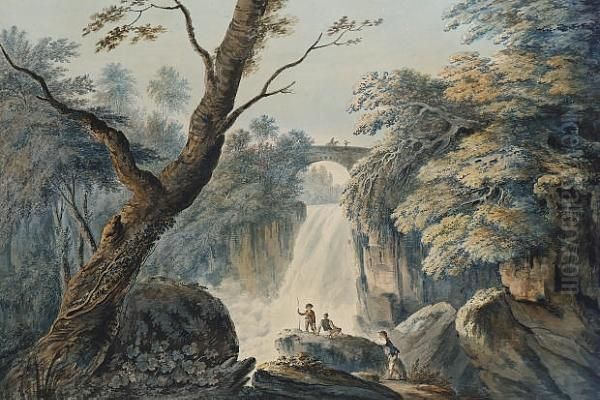 Figures By A Waterfall, Possibly Aira Force, Near Ullswater, Cumbria Oil Painting by Nicholson, F.