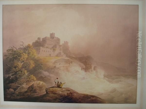 Figures Before A Castle On A Seashore Oil Painting by Nicholson, F.