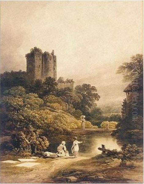 Landscape With Castle Tower And Figures By A Stream Oil Painting by Nicholson, F.