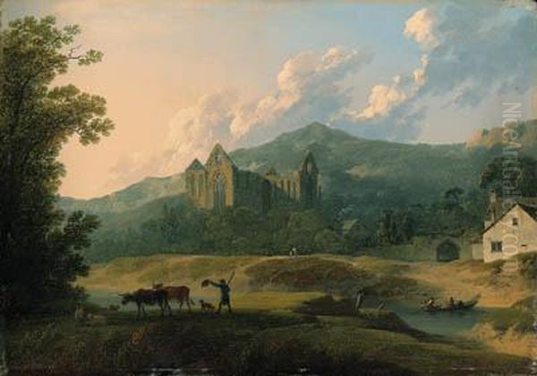 View Of Tintern Abbey, With A Herdsman And Livestock In Theforeground Oil Painting by Nicholson, F.