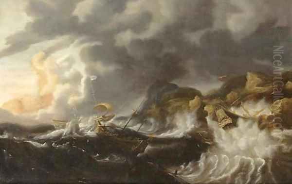 A gale threemasters foundering off a rocky coast Oil Painting by Simon De Vlieger