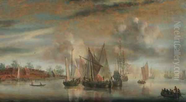 A calm Wijdships and a threemaster at anchor in a river estuary, at sunset Oil Painting by Abraham de Verwer