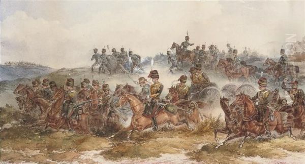 The Crimean War: The Royal Horse
 Artillery Bringing Their Guns Into Action, An Officer At The Centre Oil Painting by Orlando Norie