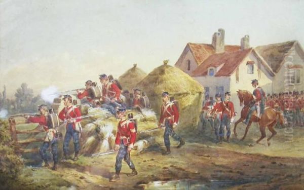 Scots Infantry Firing From Cover Near A Farmhouse With Mounted Officer To The Rear Oil Painting by Orlando Norie