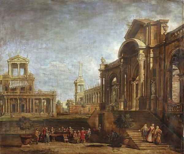 An architectural capriccio with elegant figures promenading and playing music Oil Painting by Antonio Visentini