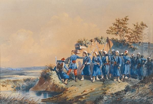 French Zwarvs On Manoeuvres Oil Painting by Orlando Norie