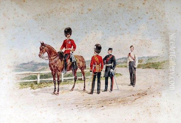 Grenadier Guards, Depicted Mounted And Standing In Assorted Ranksand Uniforms Oil Painting by Orlando Norie