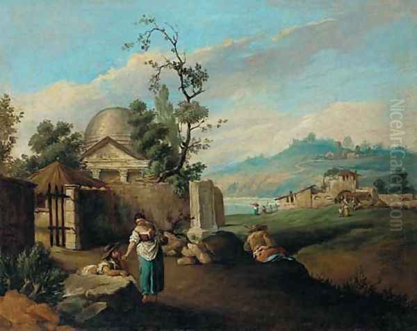 An Italianate river landscape with peasants before a temple Oil Painting by Antonio Visentini