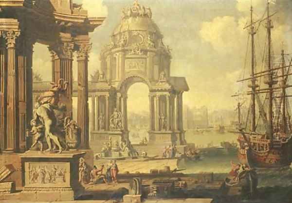 A capriccio of a Mediterranean harbour Oil Painting by Antonio Visentini