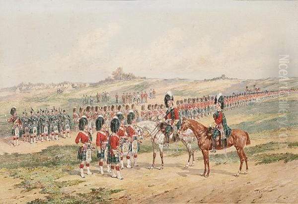 The 1st Battalion Of The Gordon Highlanders On Parade Near Aldershot Oil Painting by Orlando Norie