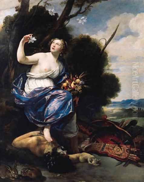 An allegory of Abundance a vanquished soldier at the feet of a maiden holding a lily and a basket of fruit Oil Painting by Aubin Vouet