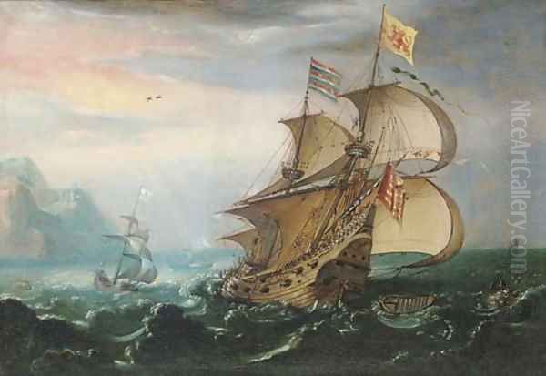 A Dutch man-o'-war and other shipping in choppy seas Oil Painting by Hendrik Cornelisz. Vroom