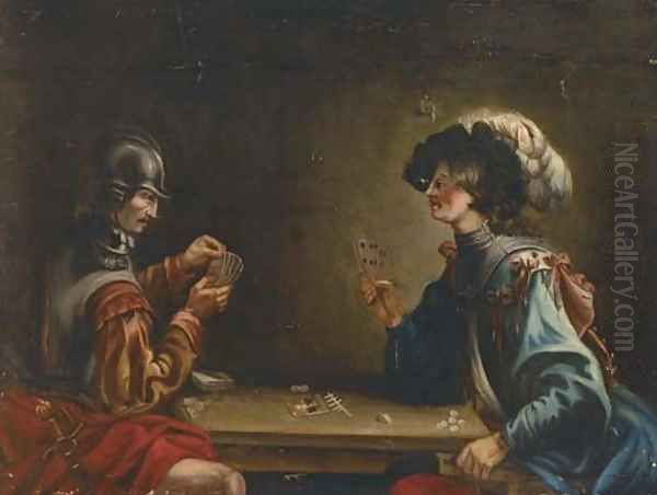 Two guardsmen playing cards in an interior Oil Painting by Jean de Boulogne Valentin